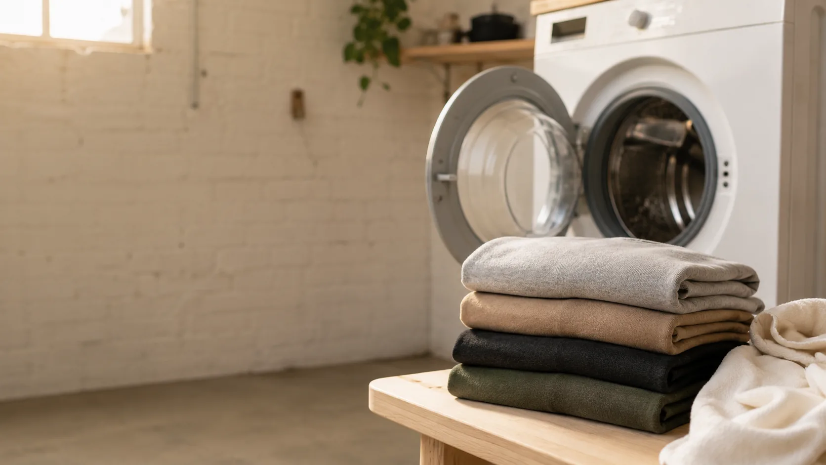 A stack of freshly laundered folded garments on a bench beside an open washer drum