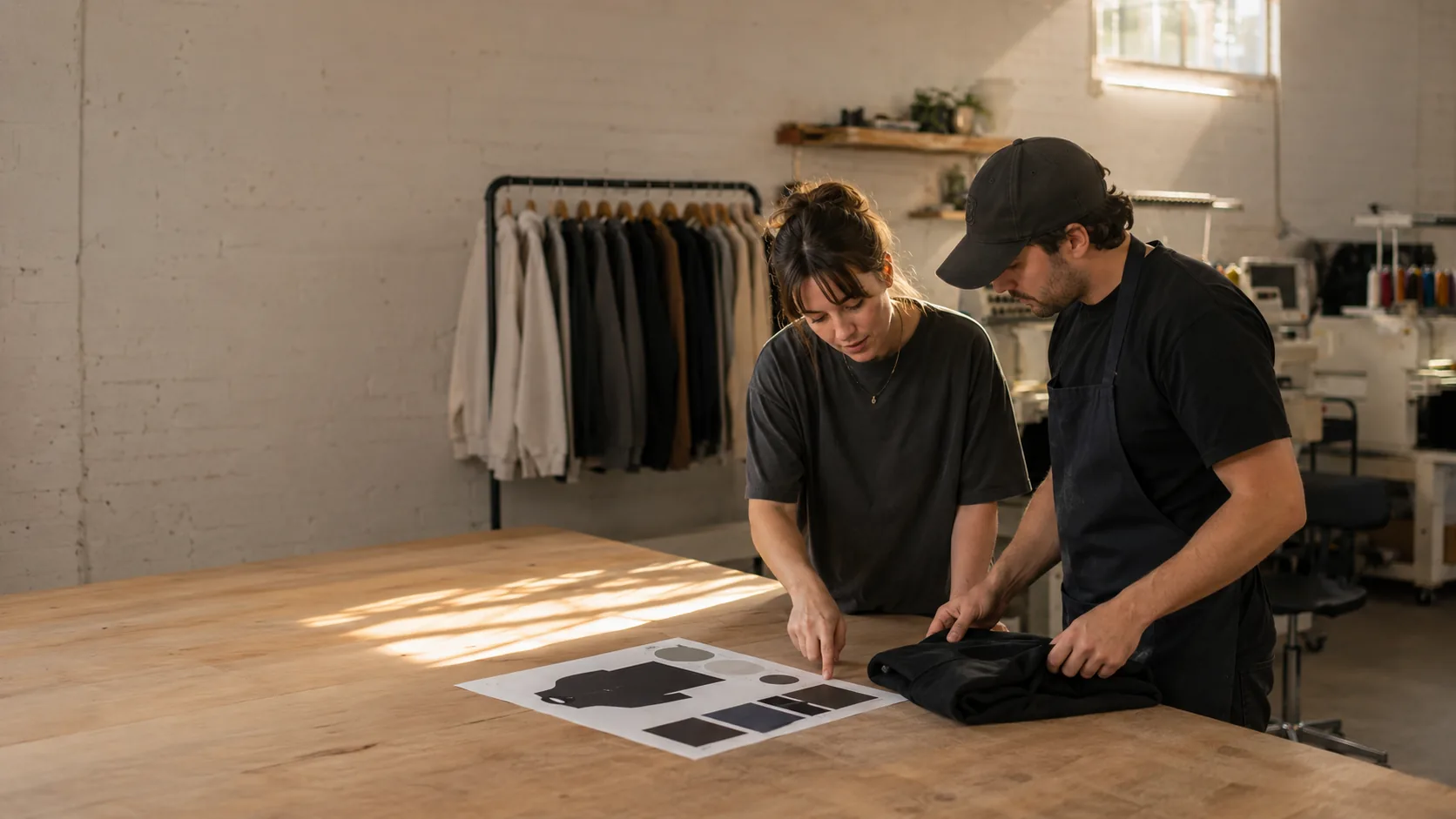 Two members of staff at the packing bench, looking over a printed proof next to the folded garment it is for