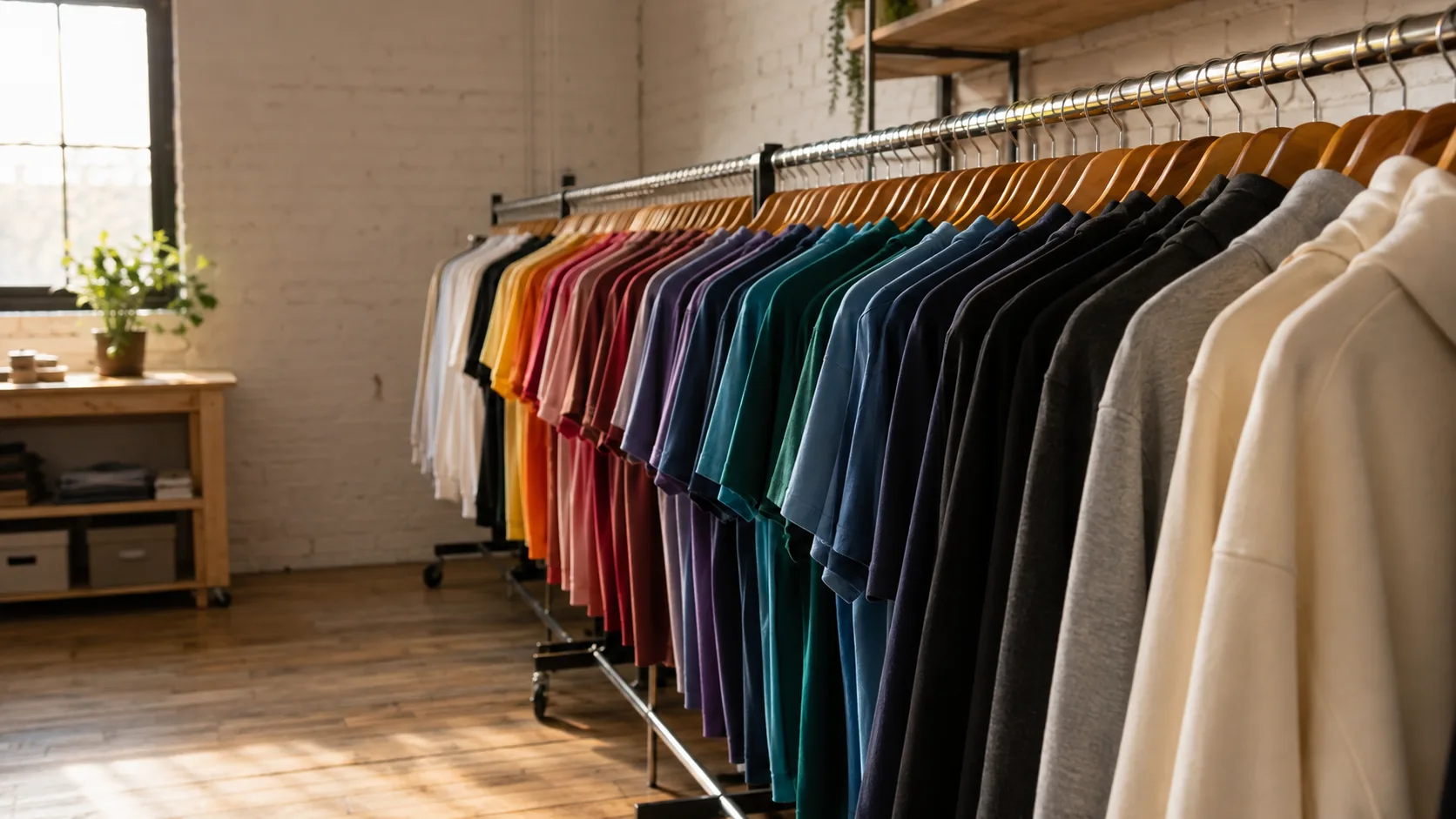 A long rail of blank undecorated garments in many colors, receding down the shop with light raking across the shoulders