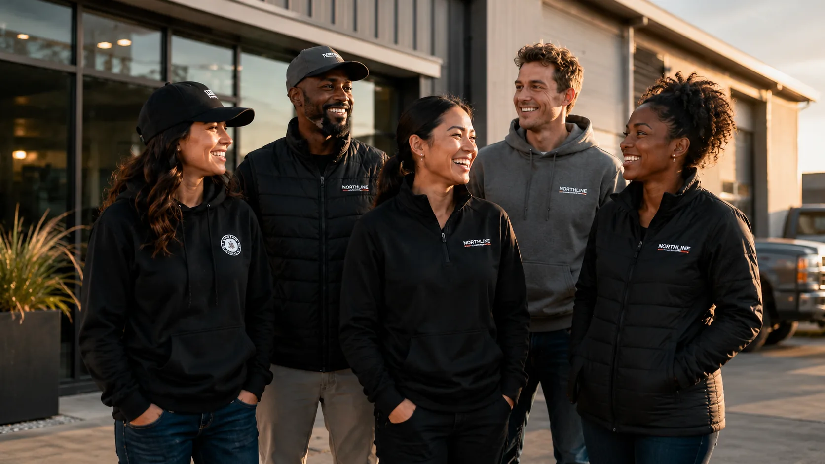 Five Northline Construction team members outside their yard in matching embroidered jackets, hoodies and caps