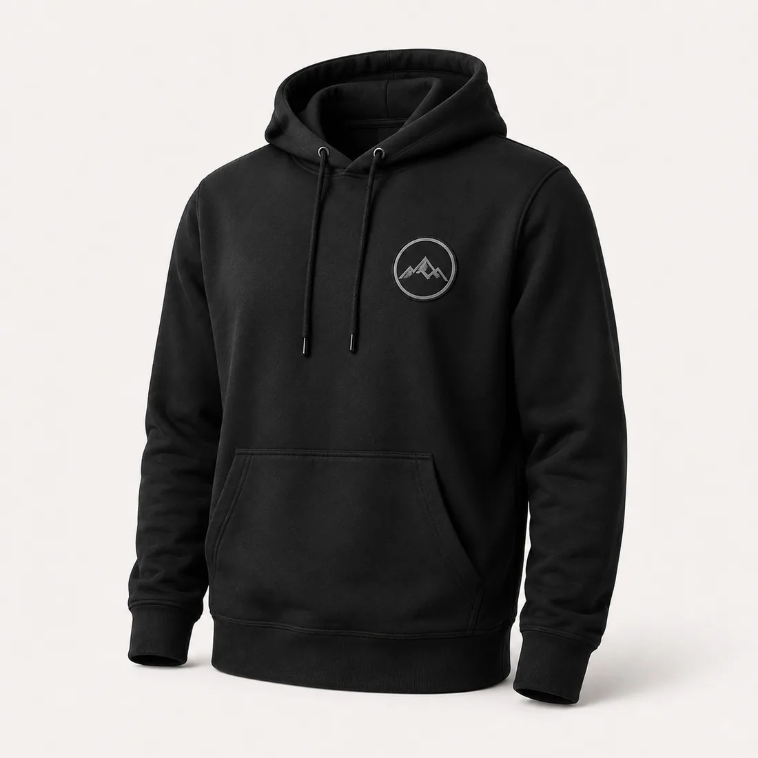 Black pullover hoodie with an embroidered left-chest crest