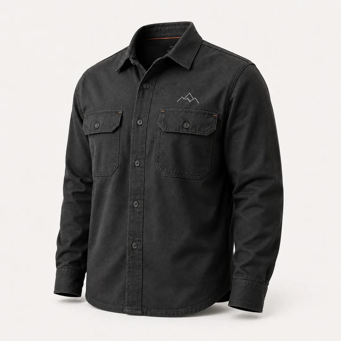 Charcoal long-sleeve work shirt with chest pockets and an embroidered logo