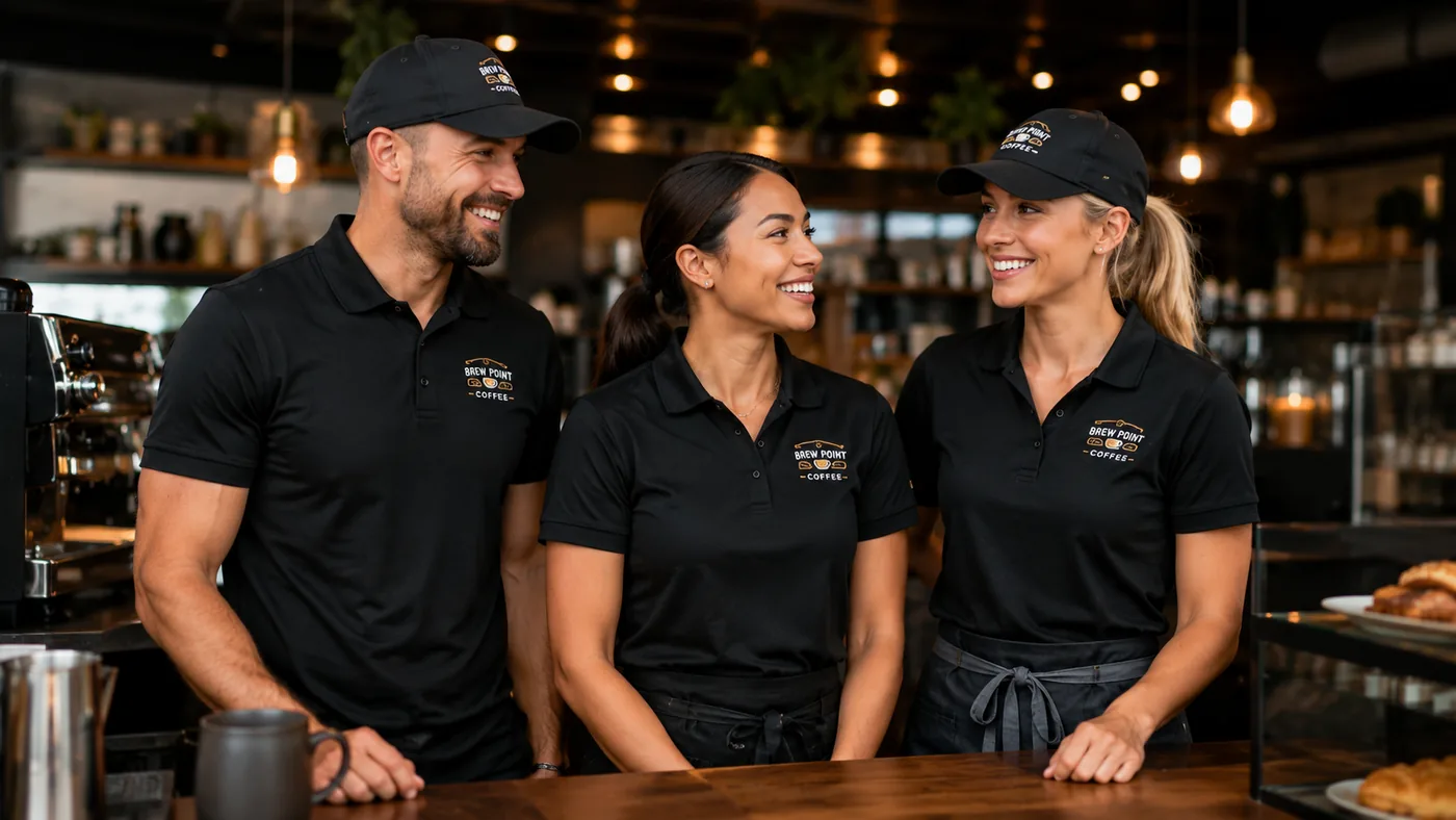 Three Brew Point Coffee baristas in embroidered black polos and caps behind the bar