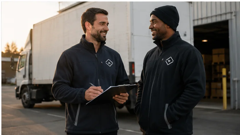 Two Crossroads Freight drivers in matching printed fleeces in front of their truck in the depot yard