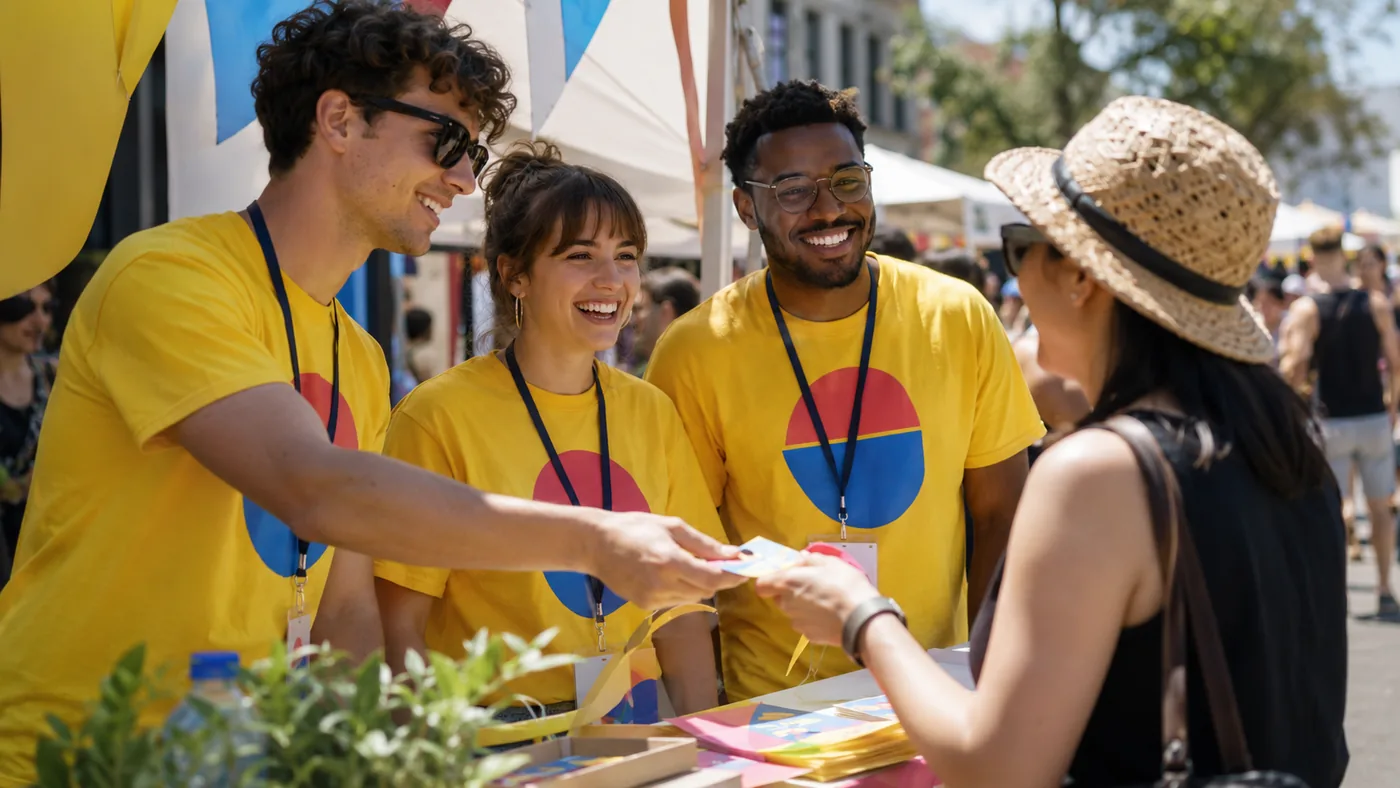 Harbour Street Festival volunteers in matching printed tees at an outdoor stall