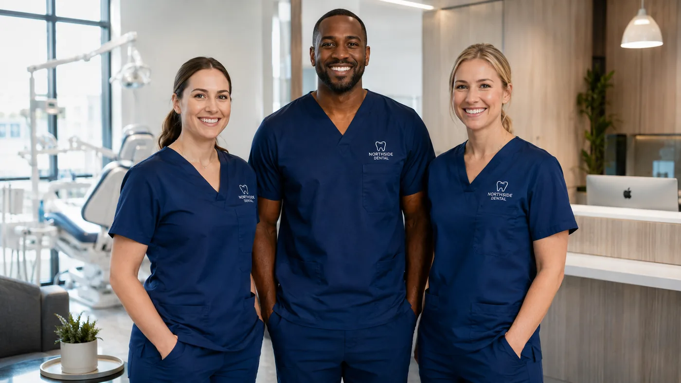Three Northside Dental staff in embroidered navy scrubs in their treatment room