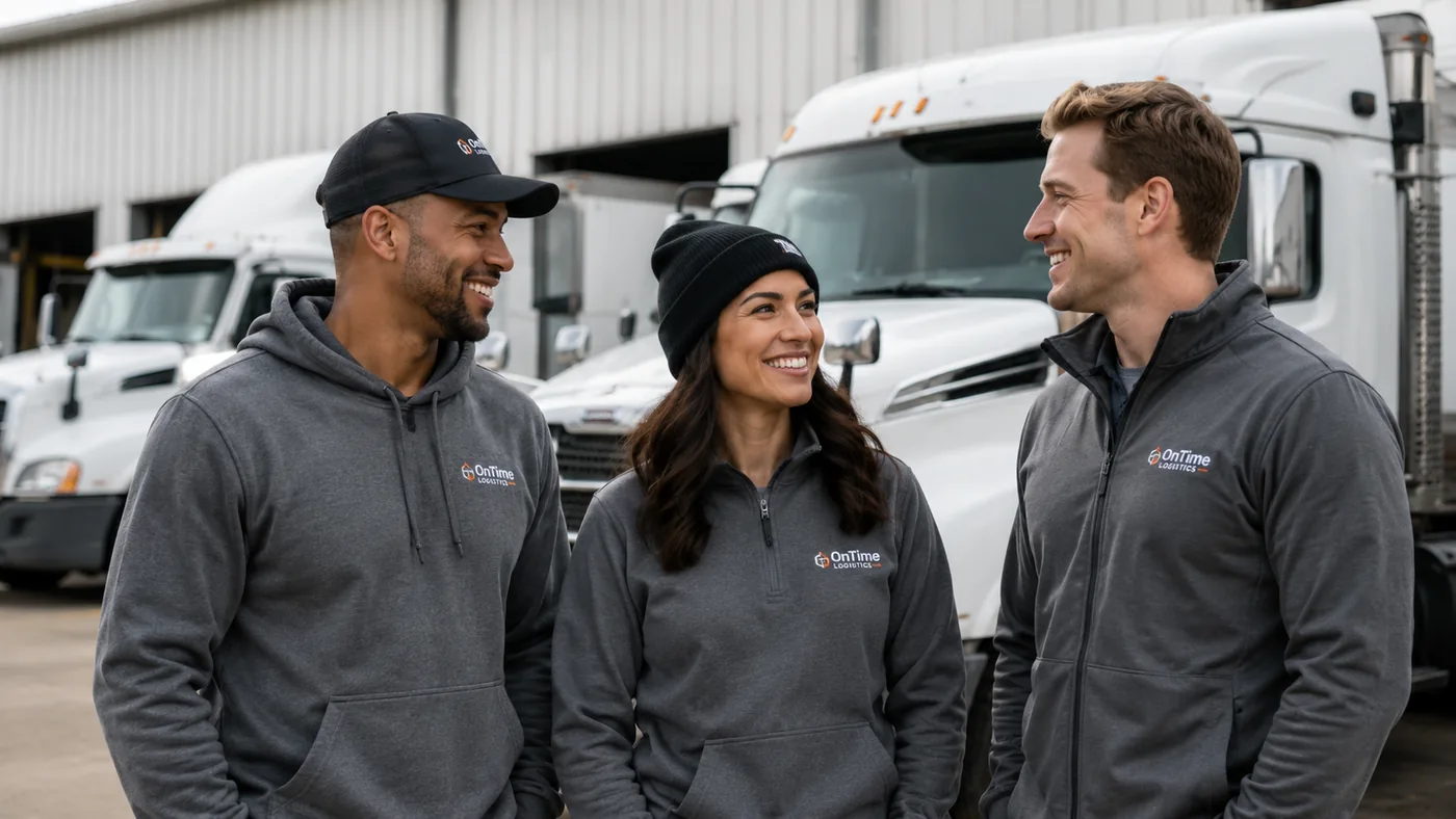 Three OnTime Logistics drivers in embroidered grey fleeces in front of their trucks