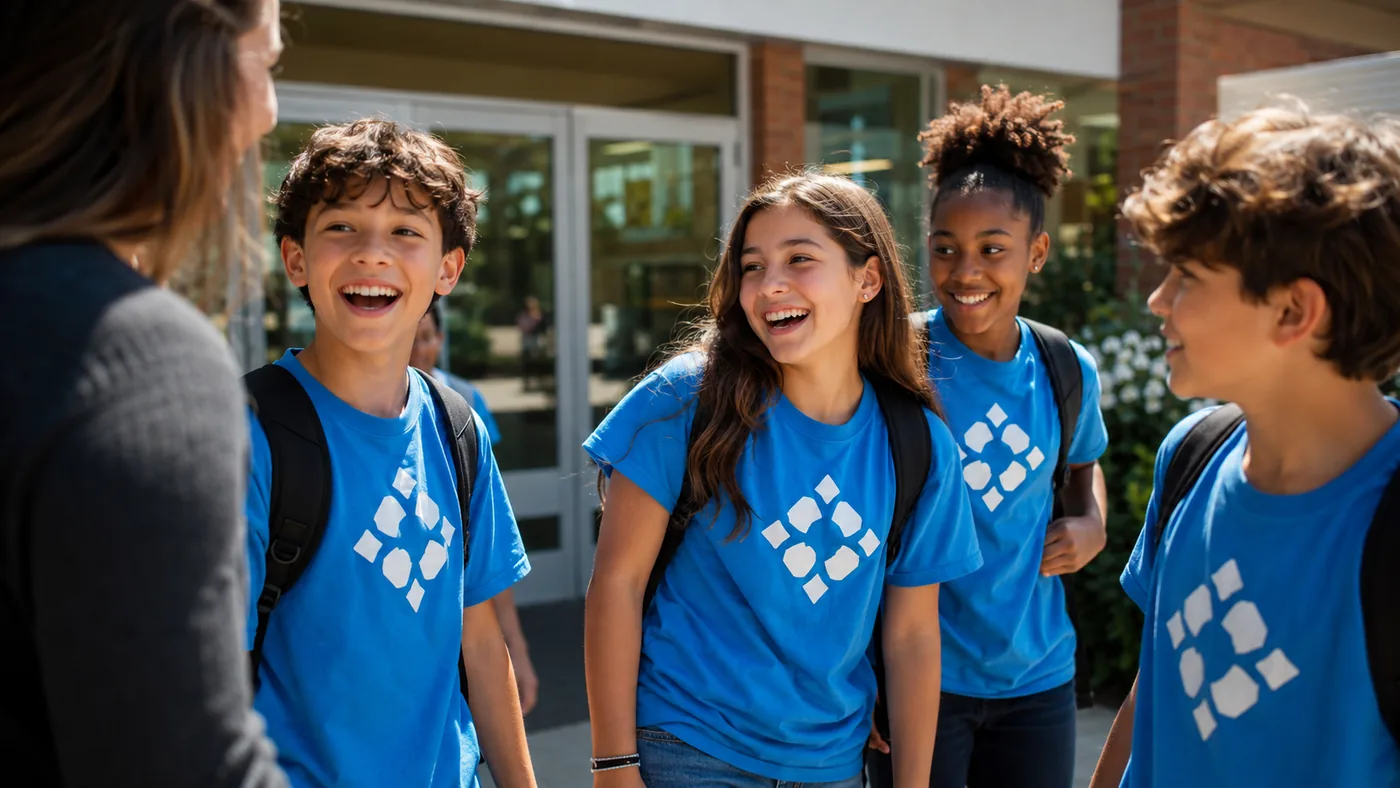 Riverside Middle School students outside the school building in matching screen-printed spirit tees