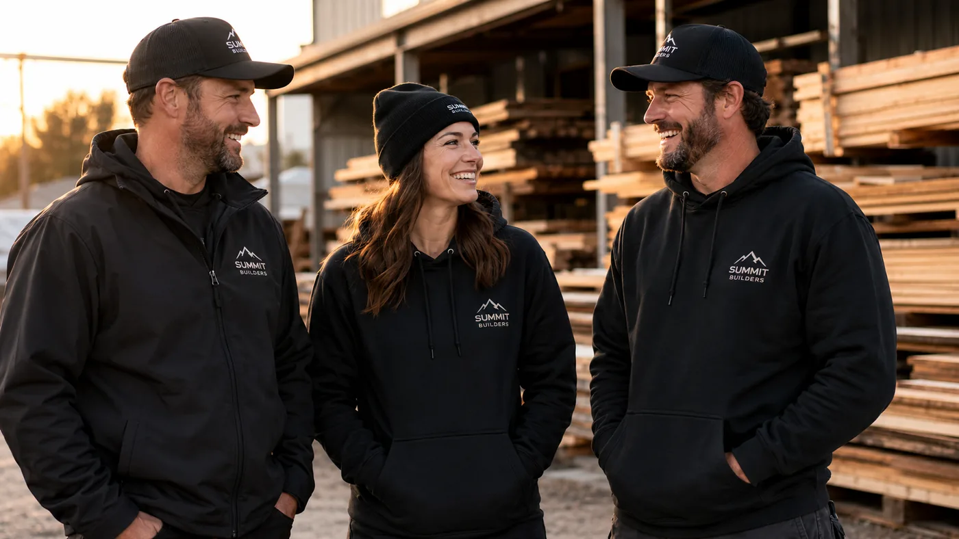 Three Summit Builders crew members in embroidered black hoodies and caps at a lumber yard
