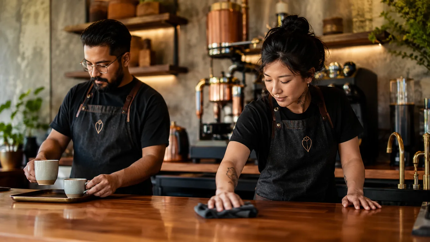 Two Copper Kettle staff behind the counter in matching embroidered bib aprons