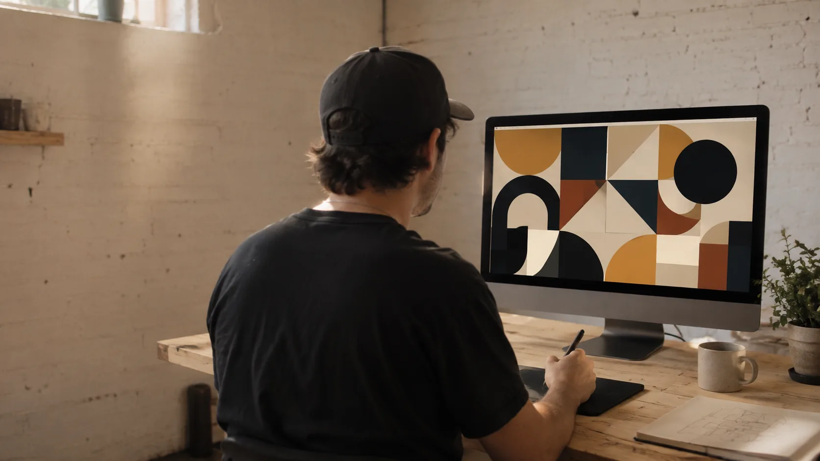 A designer at a large monitor working on abstract geometric shapes with a stylus and graphics tablet