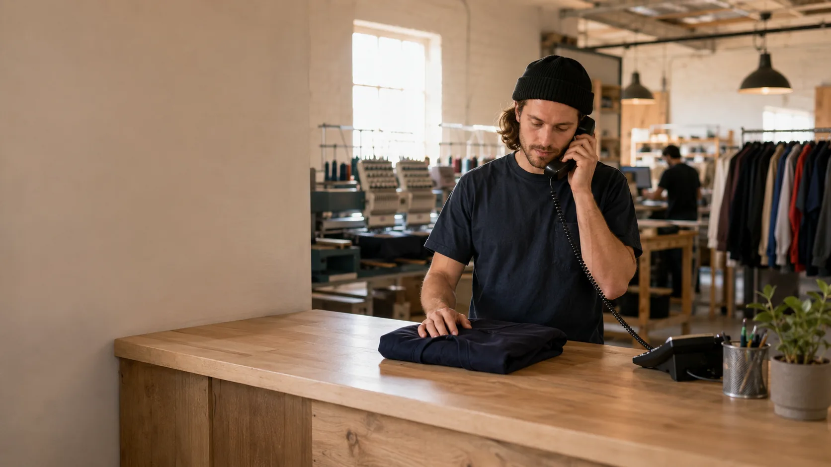 A member of staff at the shop counter taking a call, one hand resting on a folded garment, with the workshop behind