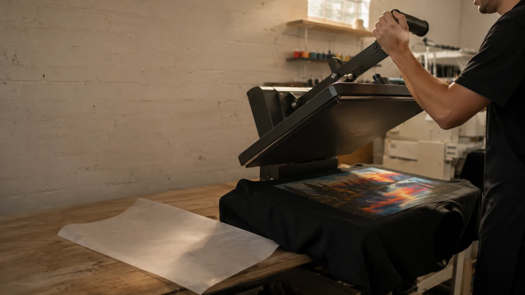 A heat press lifted to reveal a full-color transfer just applied to a dark garment, with a sheet of transfer film resting on the bench beside it