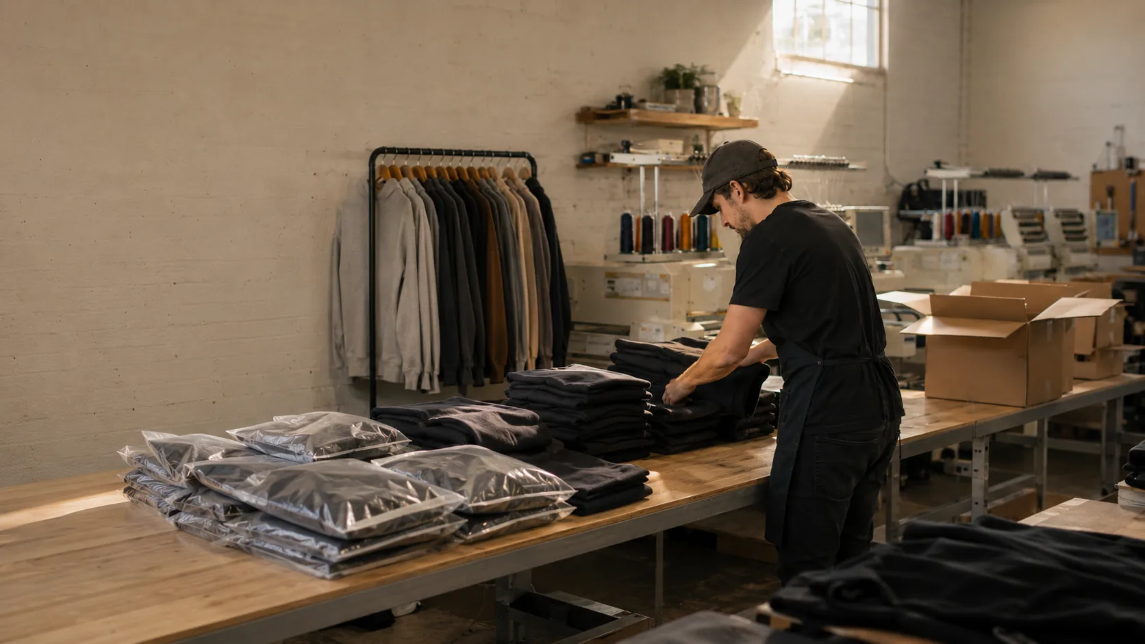 A bulk run being packed out: stacks of identical folded garments on a long bench, several already bagged, with shipping cartons at the end