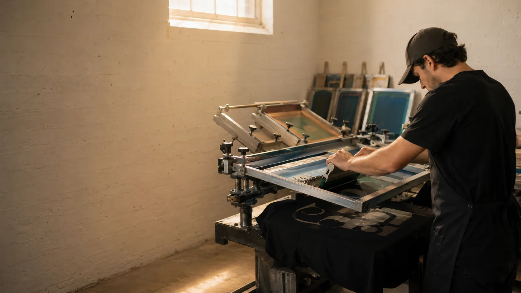 A printer pulling a squeegee across a screen on a manual carousel press, with a freshly printed garment on the platen and more screens racked behind
