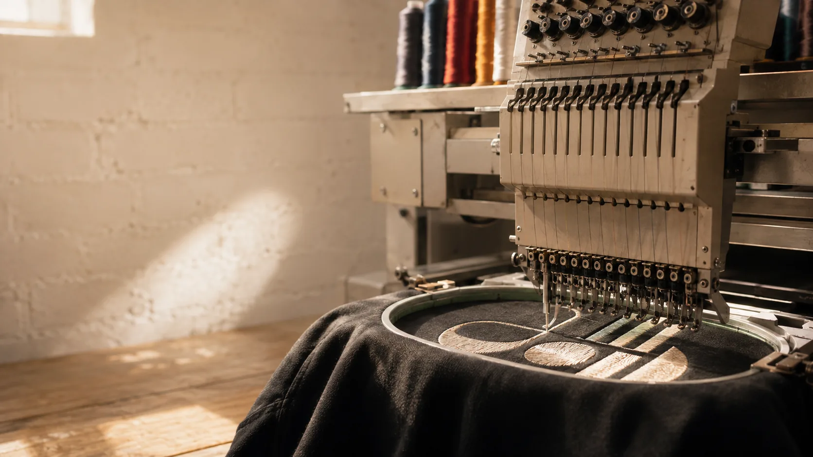 The head of a multi-head embroidery machine mid-run above a dark garment held in the hoop, with thread cones on the rack behind
