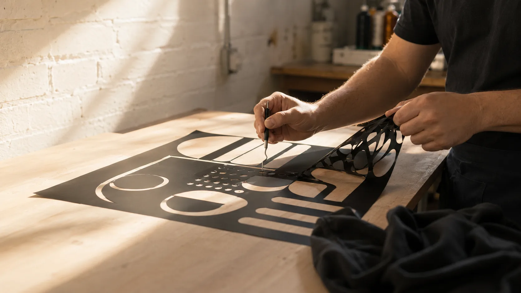 Hands weeding a sheet of cut vinyl with a fine pick, lifting the offcut lattice away from the letters