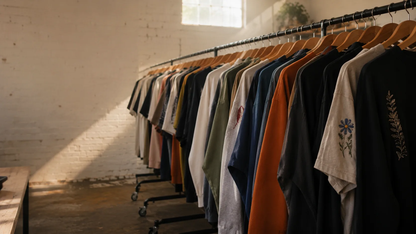 A long rolling rail of finished decorated garments in many colors, receding down the shop with light raking across them