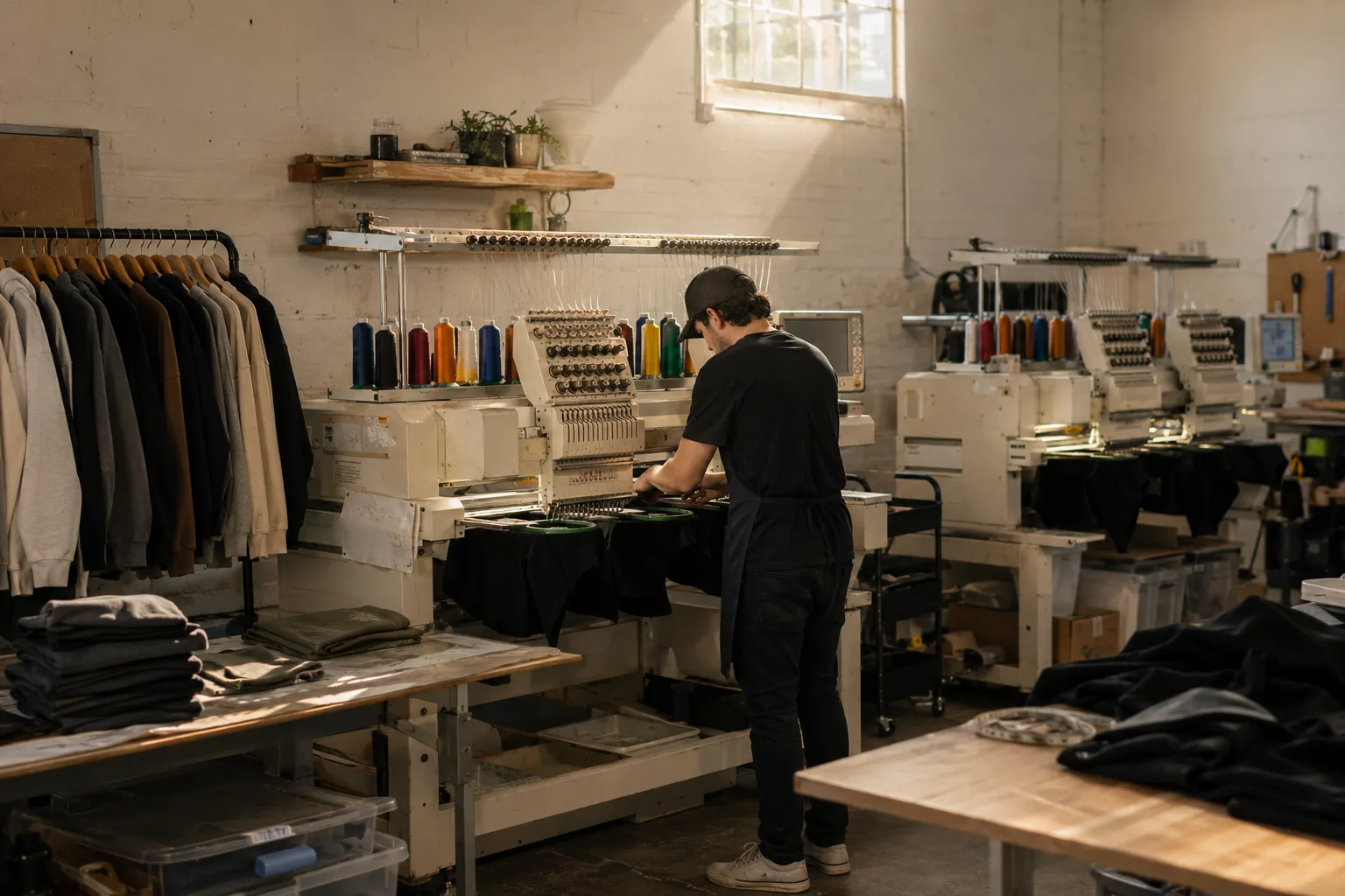The Rico & Stitch production floor: a rack of blank garments, a wall of thread and two embroidery machines, with a member of staff working at one of them