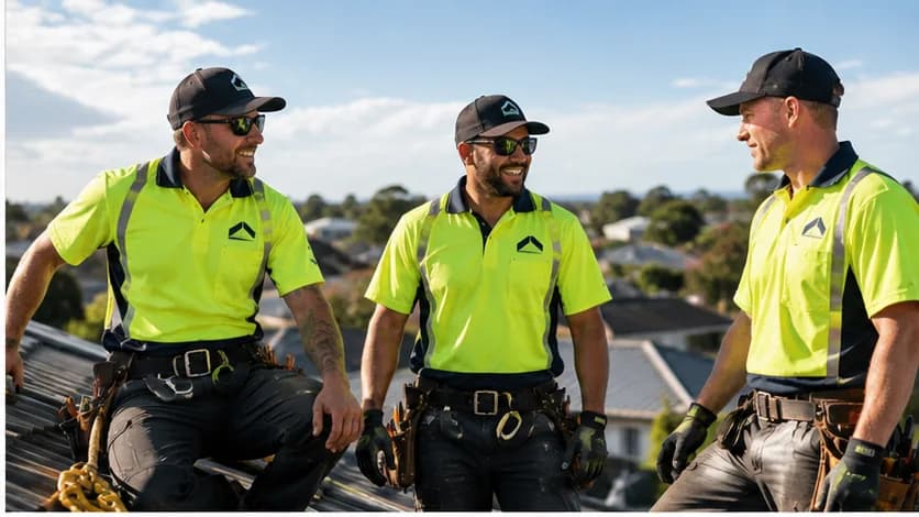 Three Delta Roofing crew members on a residential roof in matching high-visibility embroidered work shirts and caps