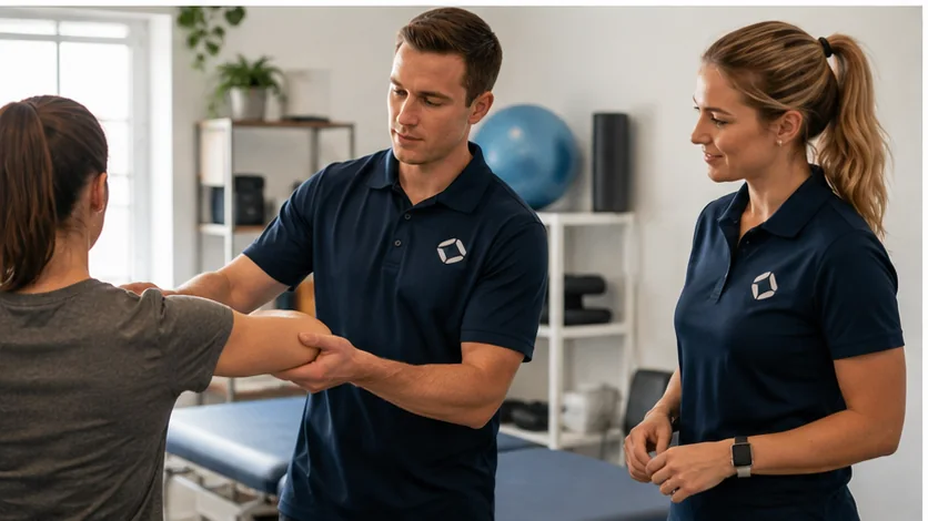 Two Lakeview Physio therapists in matching embroidered navy clinic polos working with a patient